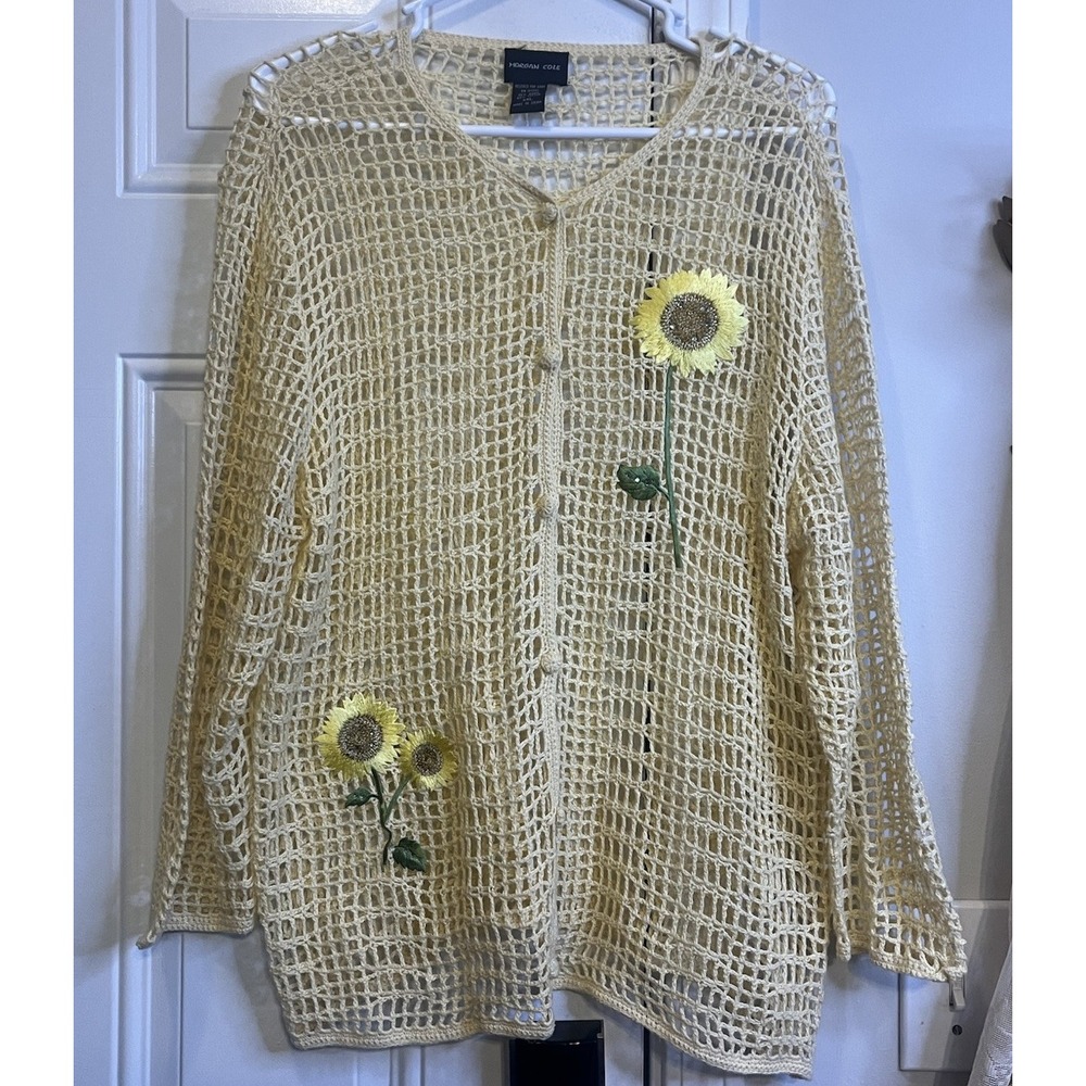 Vtg 90s Morgan Cole Crochet Sunflower Cardigan Sweater XXL Butter Yellow